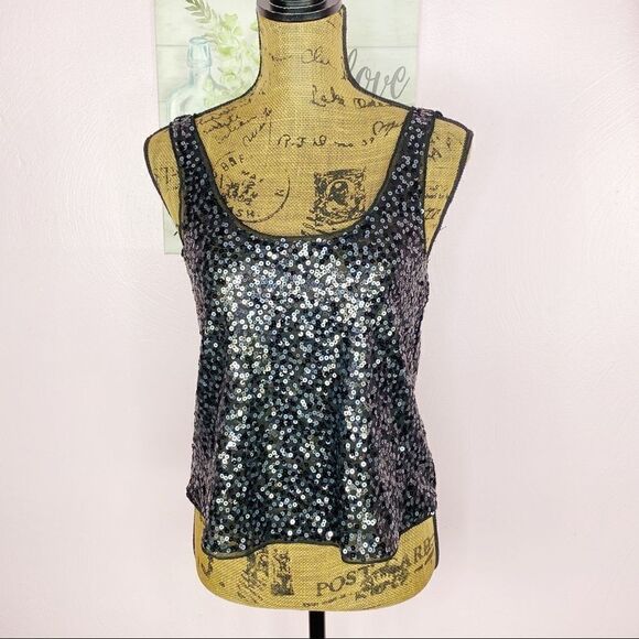 Express Sequin Scoop Neck Cropped Tank Top Black Silver Small - Picture 1 of 9